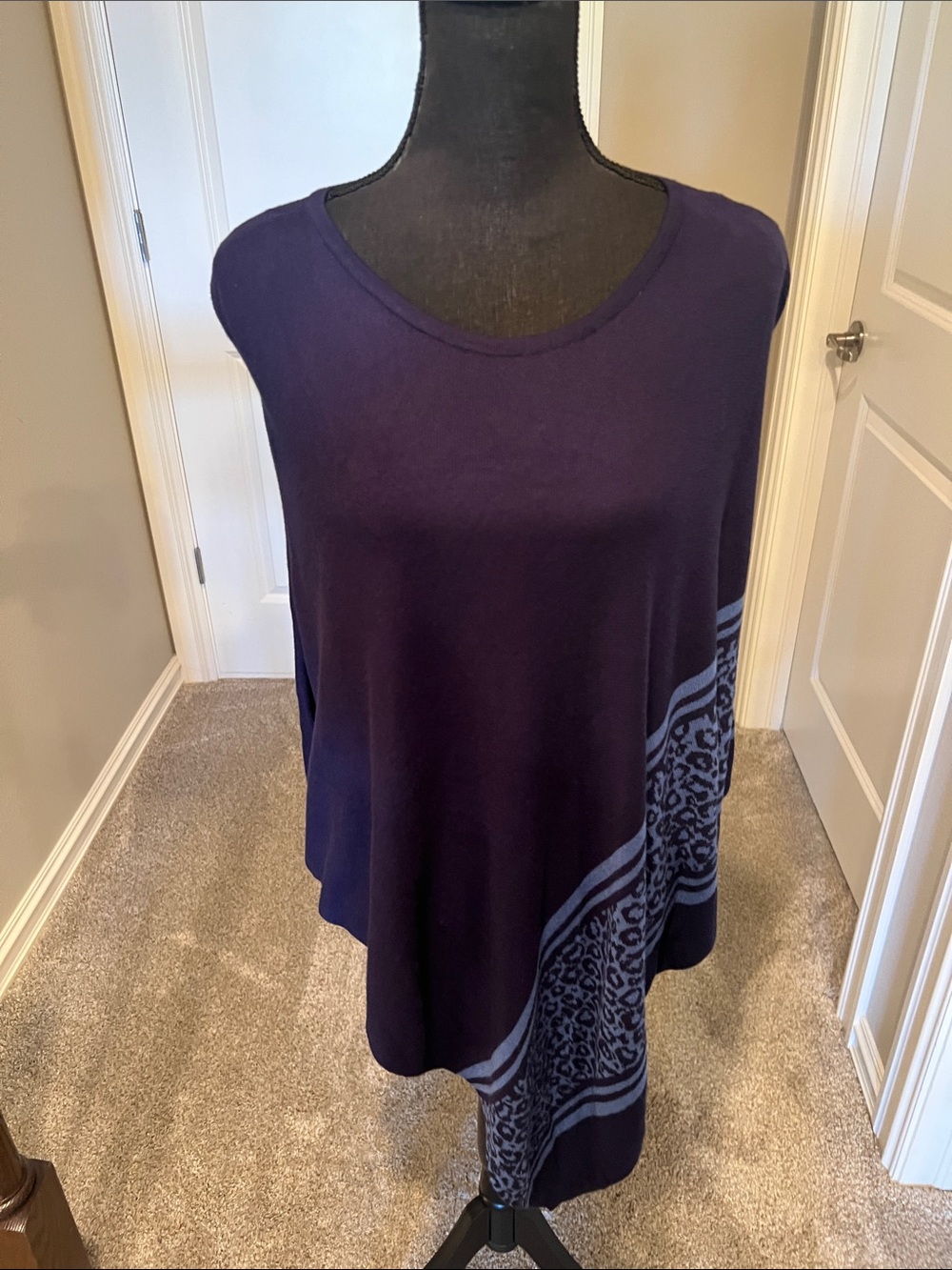 Chico's Deep Navy Poncho with Slate Blue Leopard Panel